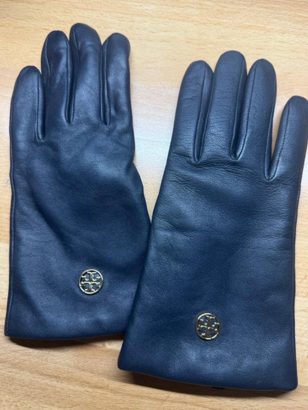 Tory Burch Navy Blue Leather Tech Gloves Gold Logo Lined Women Size L 12-35088